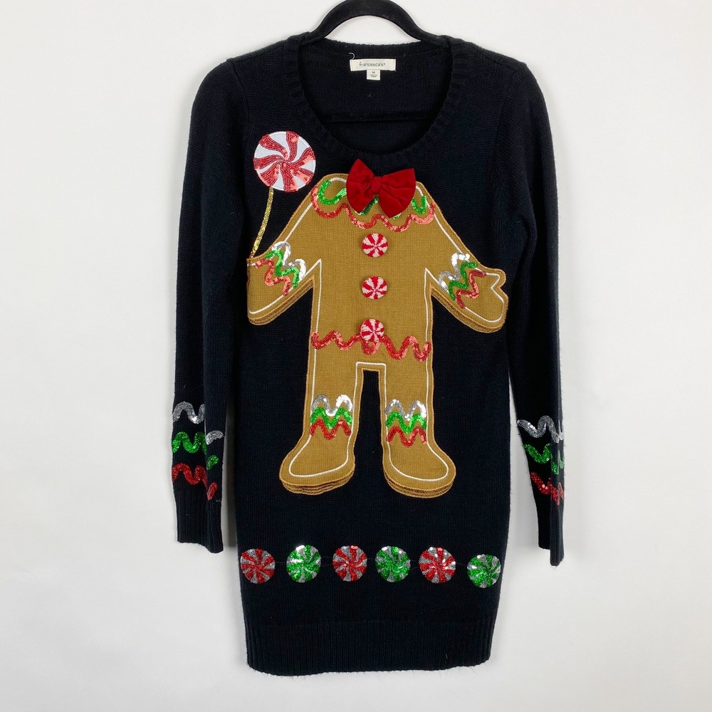 Francescas Gingerbread Man Ugly‎ Christmas Sweater Tunic Dress Black Sequin M